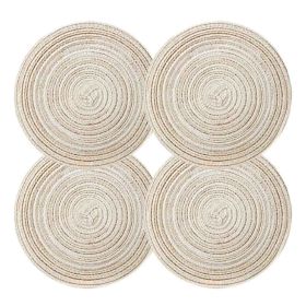 4 Pcs Coffee Time Round Braided Woven Placemats Home Decor Place Mats Kitchen Table Mats Woven Placemats 7 inch, Beige