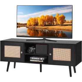 VEVOR Rattan TV Stand, Boho TV Cabinet for 55 inch TV, Mid Century Modern TV Stand, Rattan TV Console with Adjustable Shelfs for Living Room (Color: Black, size: 47 inches)