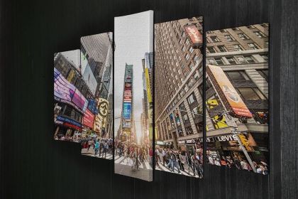 Times Square at sunset 5 Split Panel Canvas (Type: Standard Framed Canvas Print (Split-Panel), size: 64" x 32" / 162cm x 85cm (Approx))