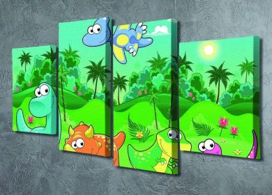 Funny dinosaurs in the forest 4 Split Panel Canvas (Type: Standard Framed Canvas Print (Split-Panel), size: 51" x 35" / 130cm x 89cm (Approx))