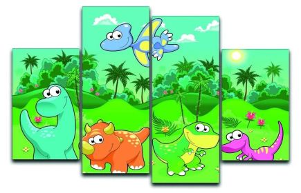 Funny dinosaurs in the forest 4 Split Panel Canvas (Type: Standard Framed Canvas Print (Split-Panel), size: 35" x 22" / 89cm x 56cm (Approx))