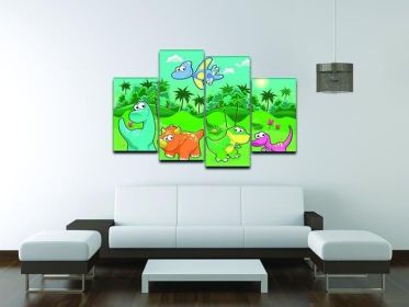 Funny dinosaurs in the forest 4 Split Panel Canvas (Type: Standard Framed Canvas Print (Split-Panel), size: 67" x 44" / 170cm x 115cm (Approx))