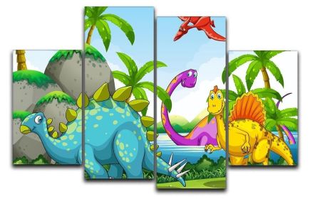 Dinosaurs living in the jungle 4 Split Panel Canvas (Type: Standard Framed Canvas Print (Split-Panel), size: 35" x 22" / 89cm x 56cm (Approx))