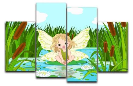 cute fairy sitting in leaf of lily 4 Split Panel Canvas (Type: Standard Framed Canvas Print (Split-Panel), size: 35" x 22" / 89cm x 56cm (Approx))