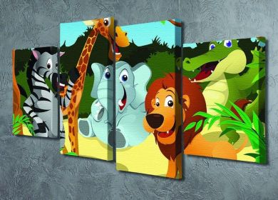 group of wild African animals in the jungle 4 Split Panel Canvas (Type: Standard Framed Canvas Print (Split-Panel), size: 51" x 35" / 130cm x 89cm (Approx))