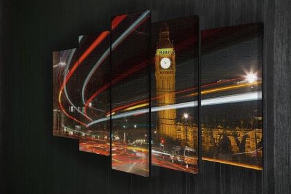 Traffic in night London 5 Split Panel Canvas (Type: Standard Framed Canvas Print (Split-Panel), size: 64" x 32" / 162cm x 85cm (Approx))